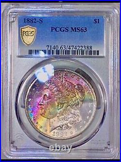 1882-S Morgan Silver Dollar PCGS MS63 Red Yellow White Rainbow Toned +Vid