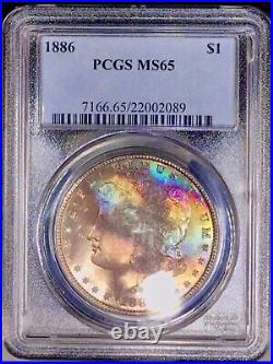 1886-P Morgan Dollar PCGS MS65 Gem Vivid Iridescent Color Rainbow Toned +Vid